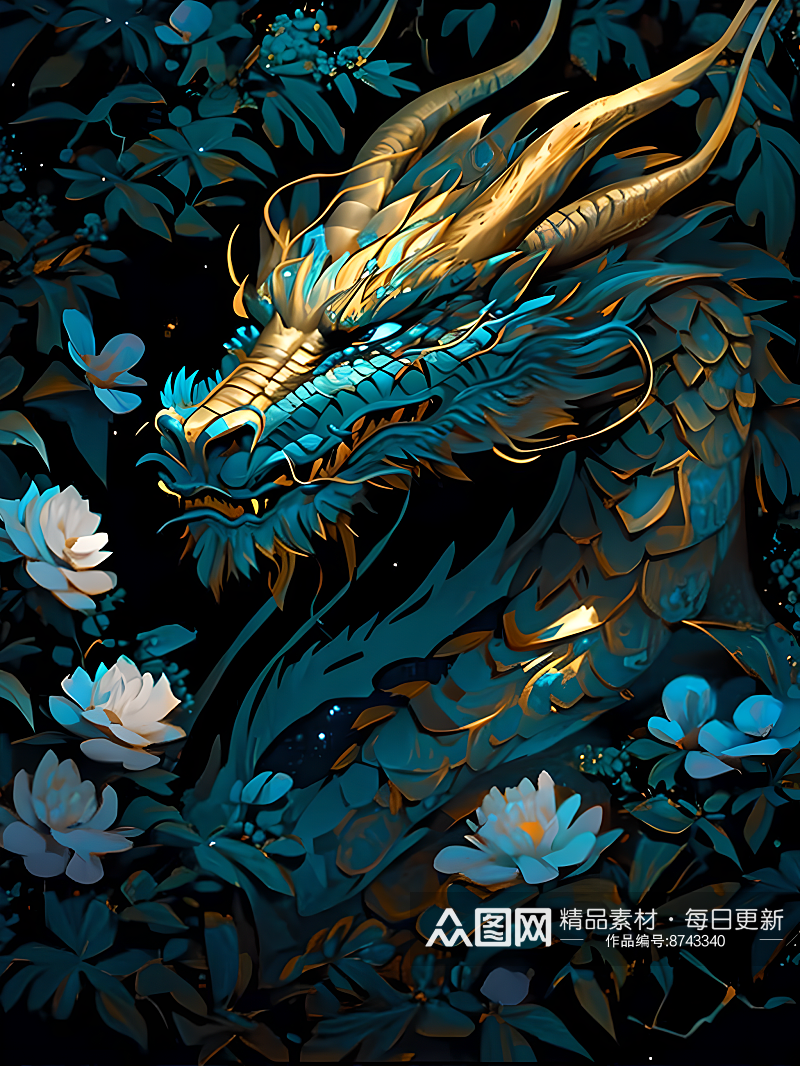 一个近景展示的深青色中国风龙素材