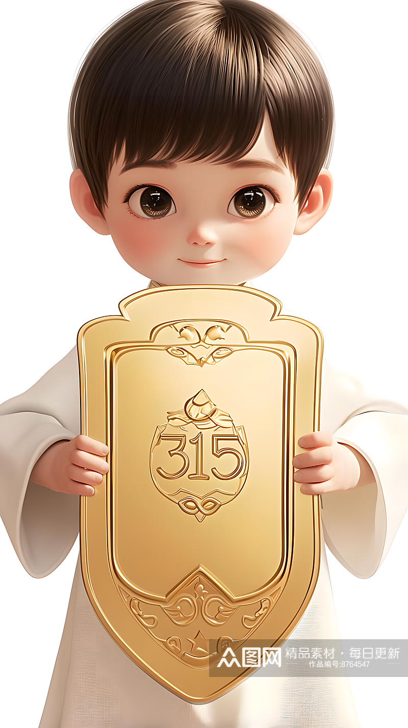 中国风法官卡通男孩手持金色盾牌保护素材