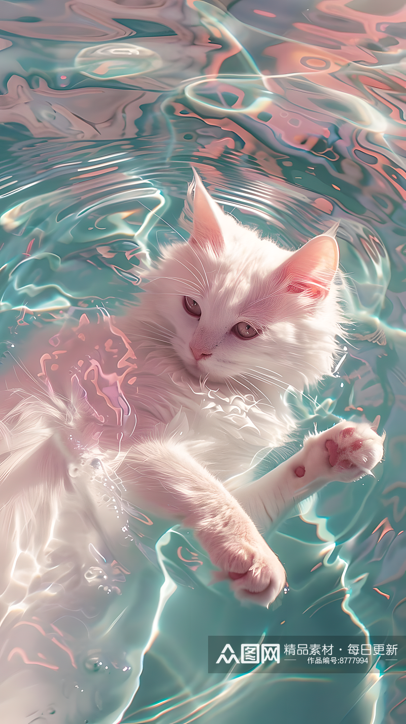 屏保壁纸水中漂浮着一只白色猫素材