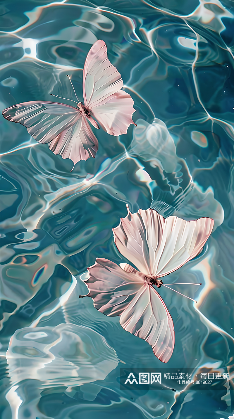一个白色蝴蝶在蓝色水面上飘动素材