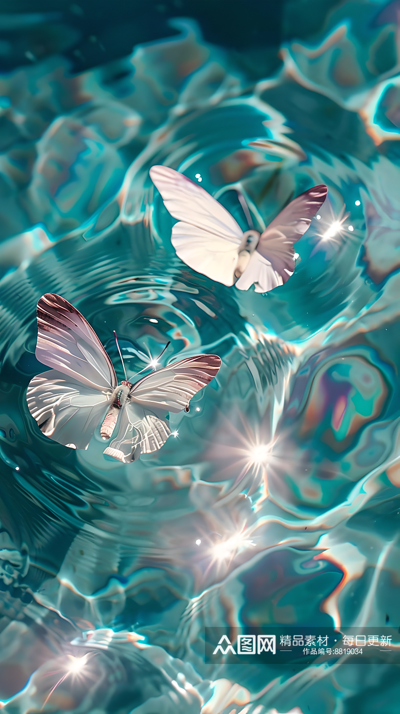 一个白色蝴蝶在蓝色水面上飘动素材