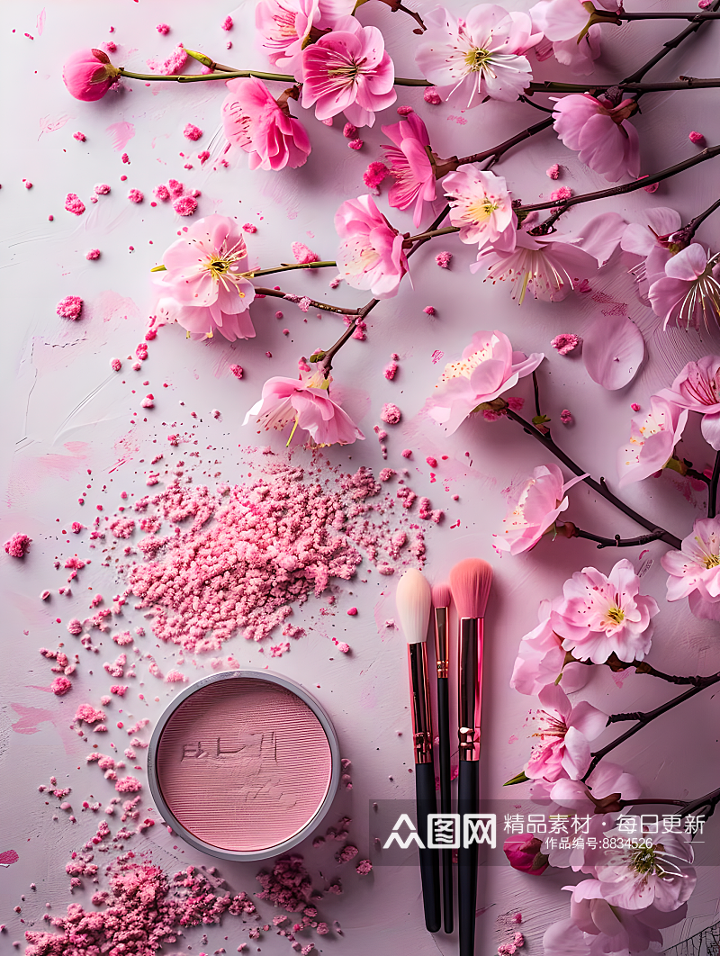 化妆工具和粉嫩的樱花背景图素材