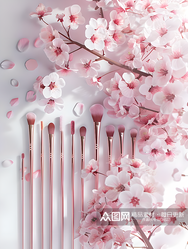 化妆工具和粉嫩的樱花背景图素材
