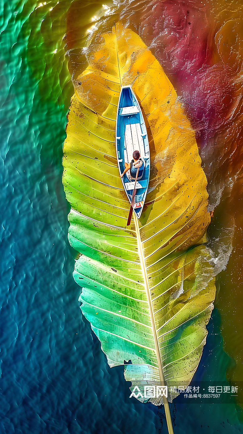 一名划船者漂浮在一片五彩缤纷的树叶上素材