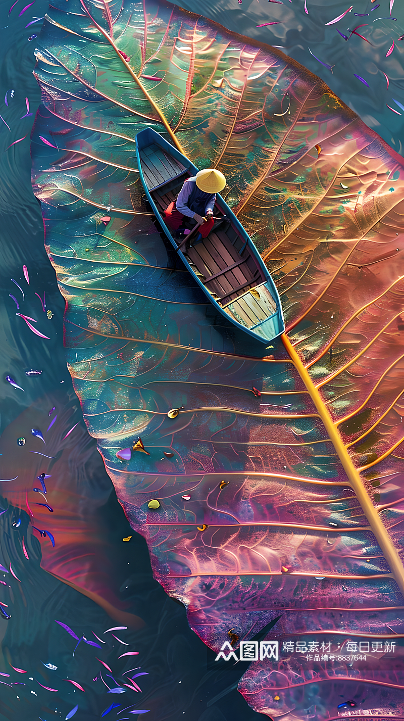 一名划船者漂浮在一片五彩缤纷的树叶上素材