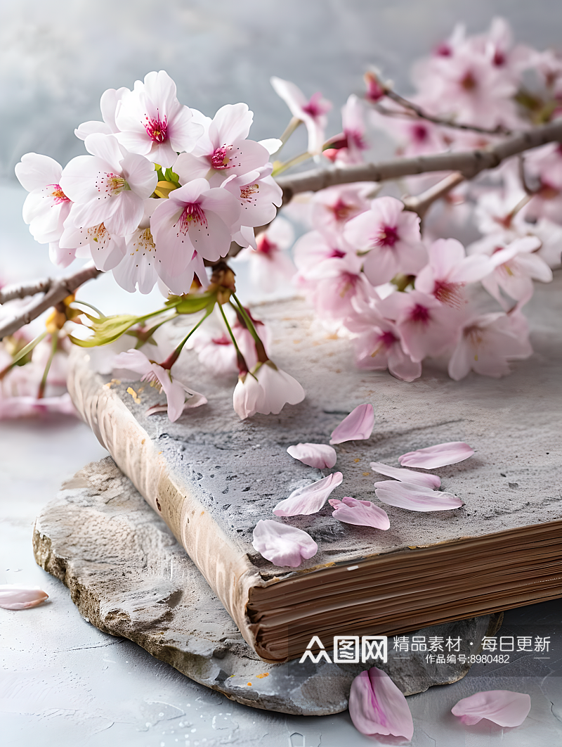 书和樱花摆放在平整的石头上素材