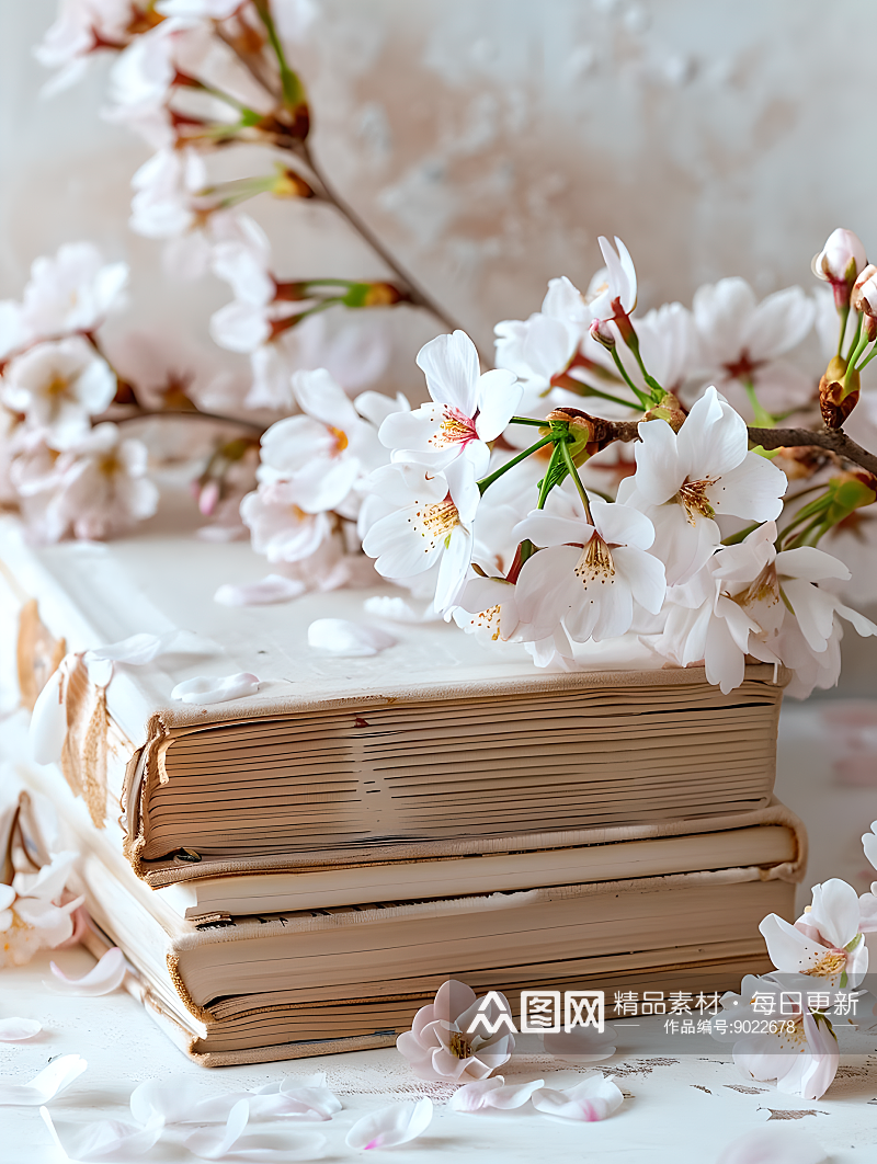 书和樱花摆放在石头上画面中央大面积留空素材