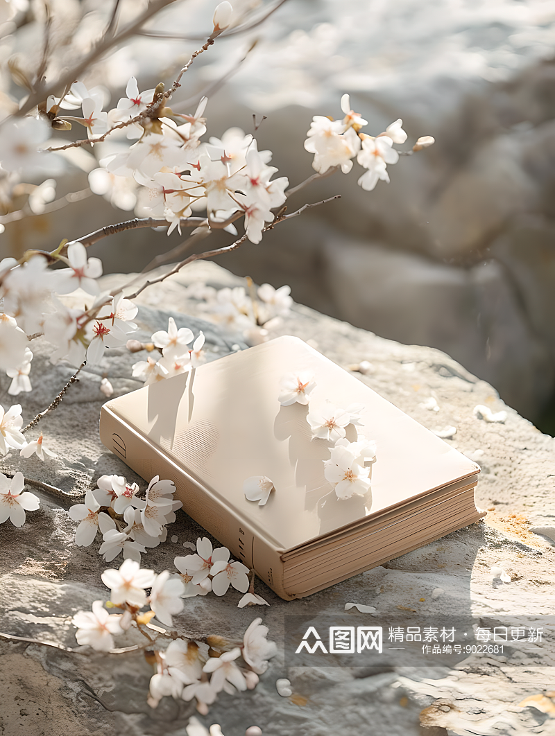 书和樱花摆放在石头上画面中央大面积留空素材