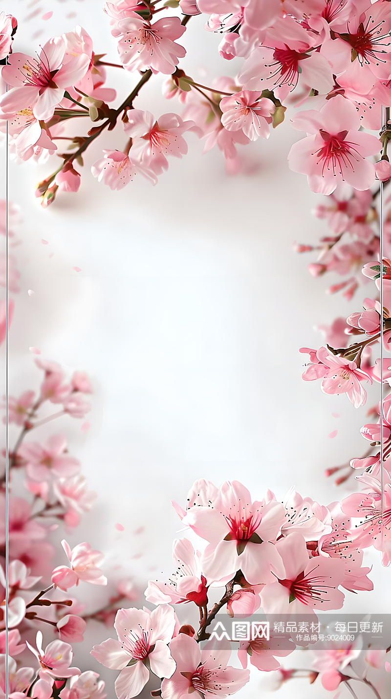 中央是空白的相框周围落英缤纷的粉色樱花素材