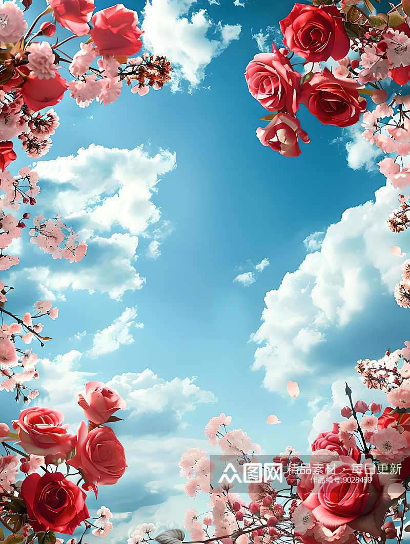 蓝天白云飘动一簇绽放的玫瑰红樱花壁纸背景素材