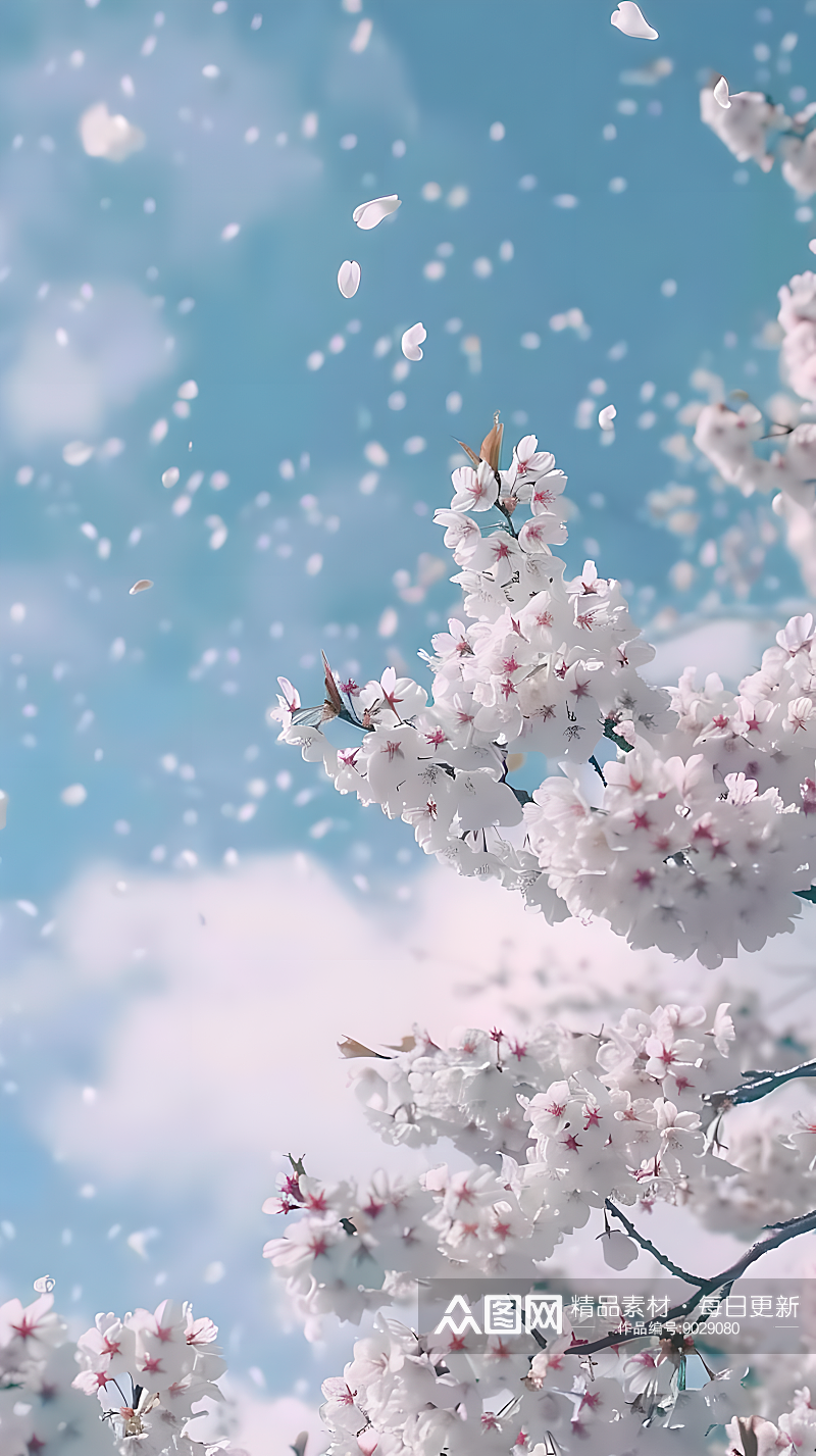 蔚蓝的天空和洁白的云彩下盛开着白色的樱花素材