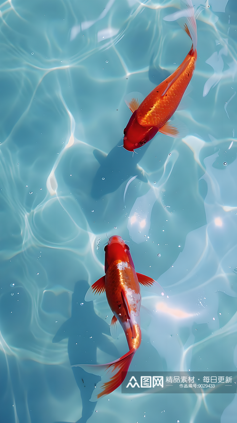 俯视水池中红色锦鲤如飘逸仙子般在水中徜徉素材