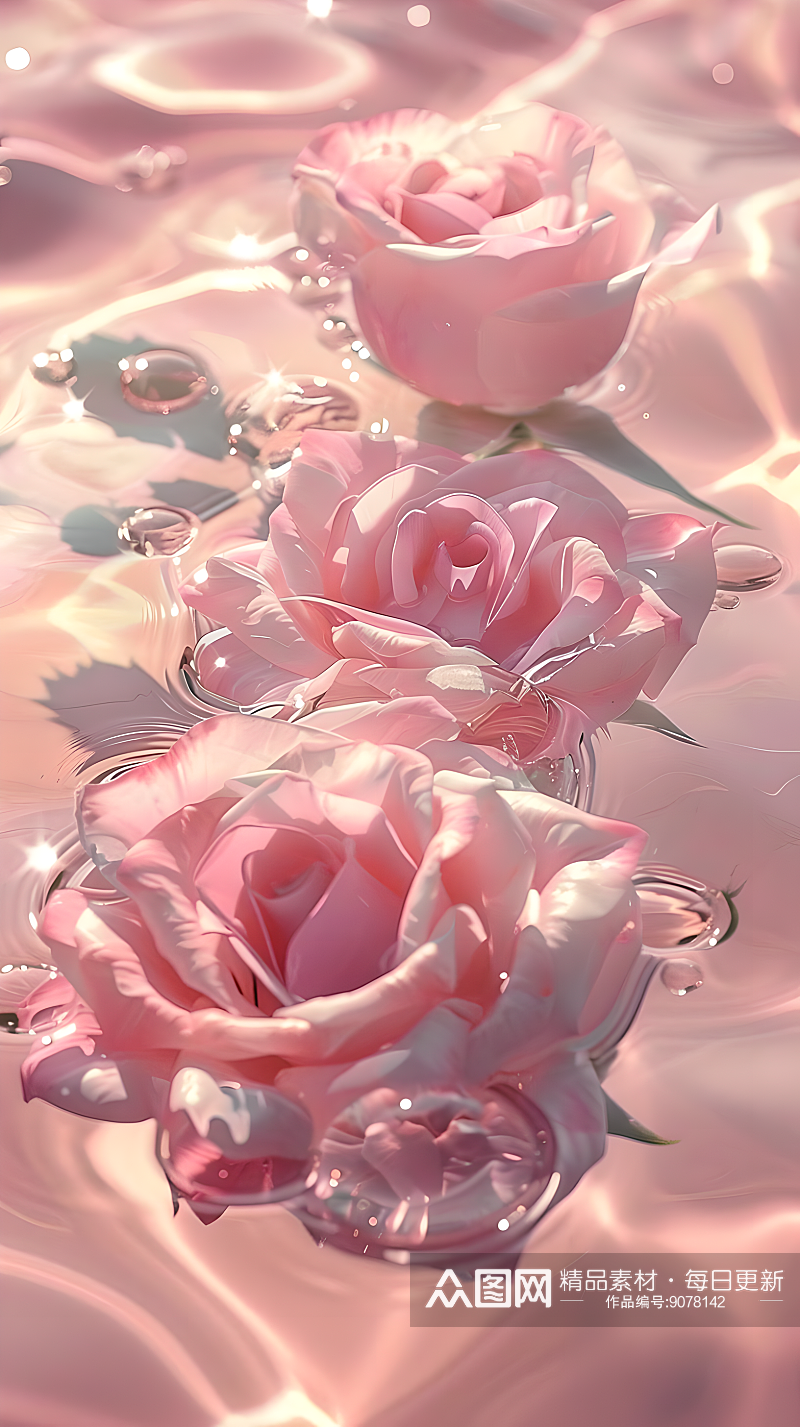 在梦幻的图案风格中展示了玫瑰和水素材