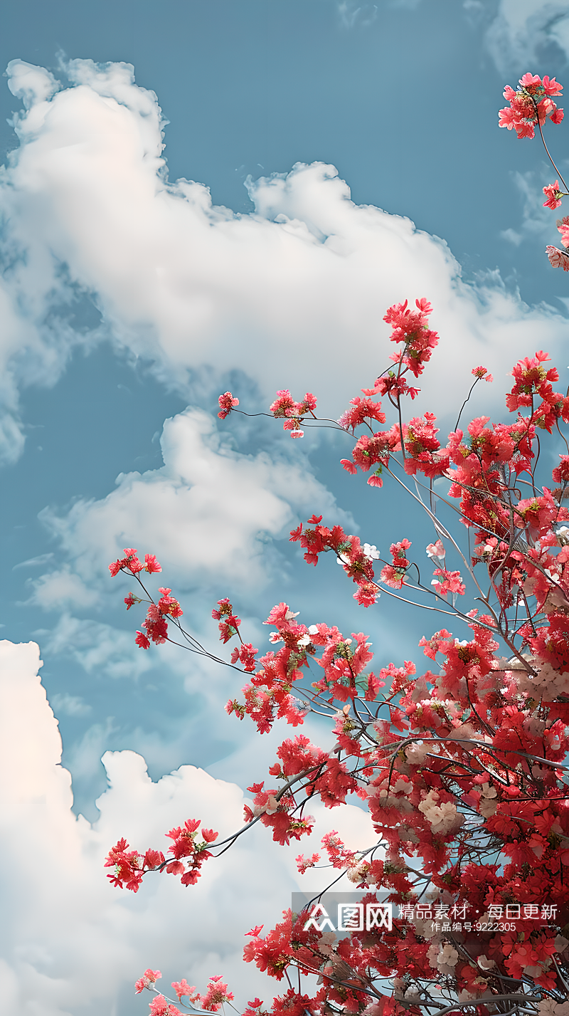 蓝天白云下的红樱花，中心大面积留白素材