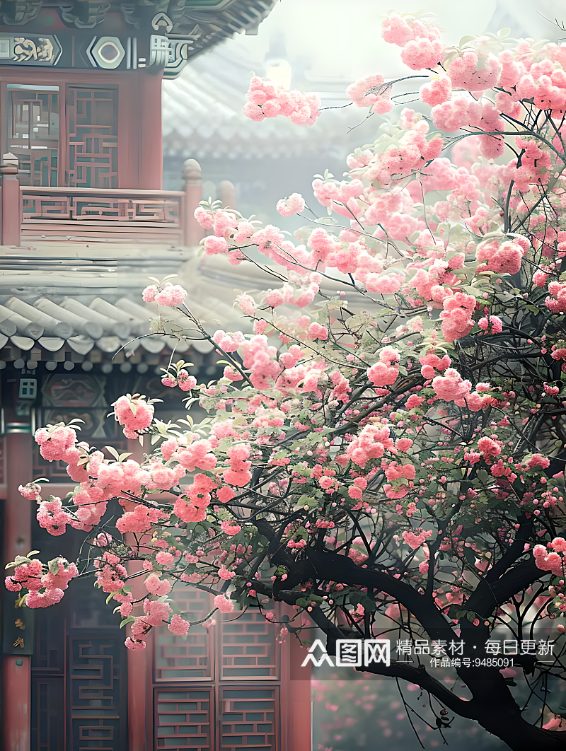画面中是宋代宫殿花园中生长的一棵海棠树素材
