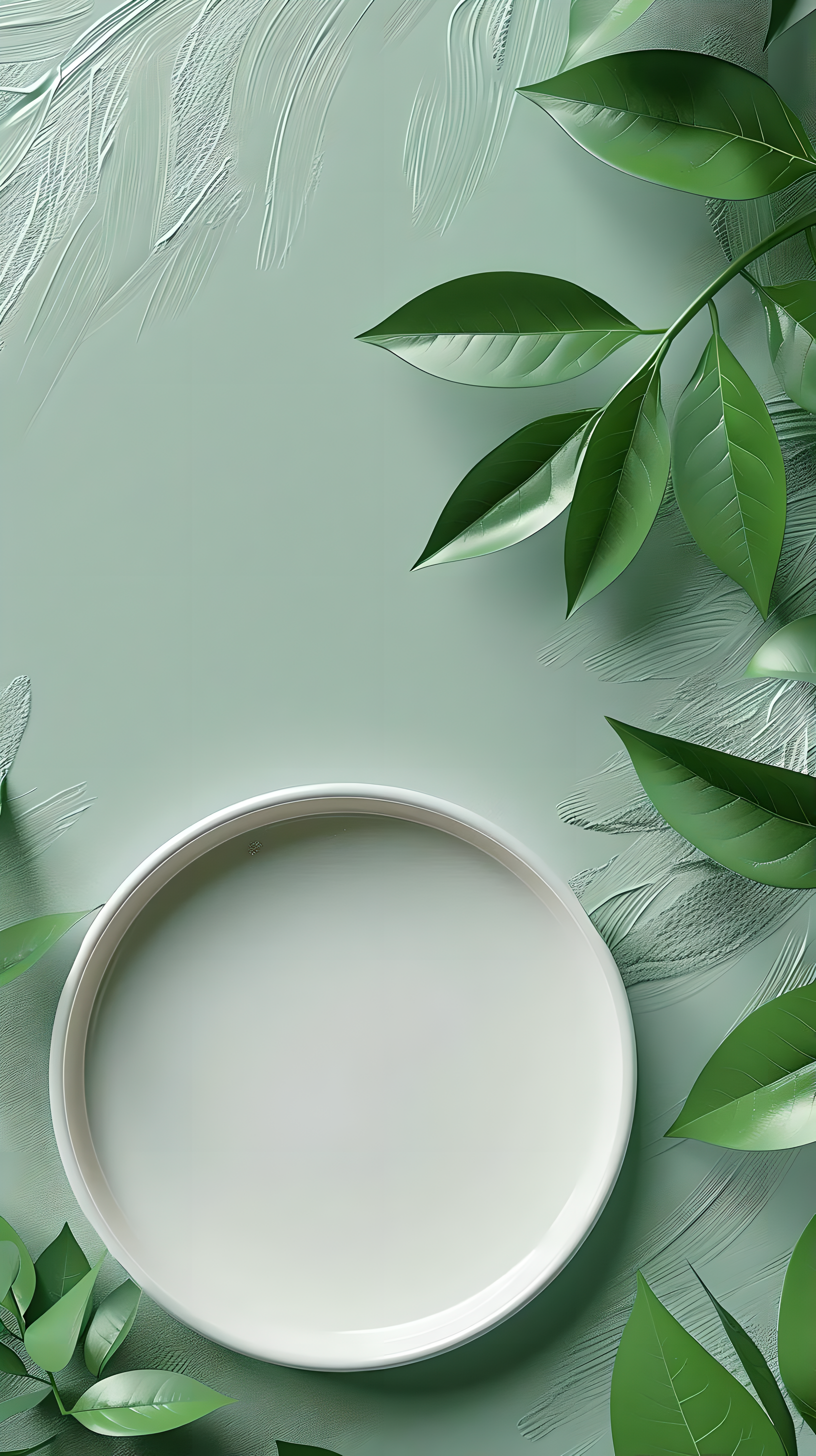 绿色叶子映衬着空白的平板极简主义舞台素材