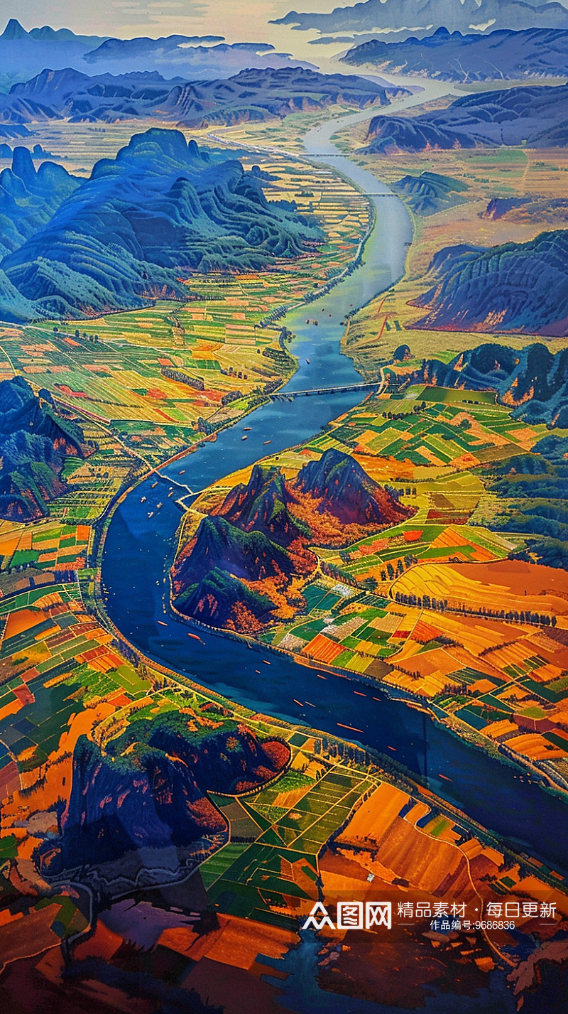 有一条蜿蜒的长江从农村中间穿过航拍视角素材