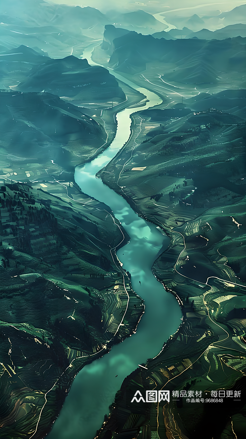 有一条蜿蜒的长江从农村中间穿过航拍视角素材