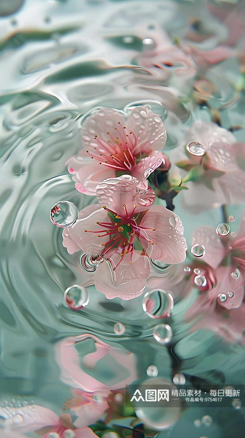 粉色桃花在浅绿色晶莹的水面上飘落素材