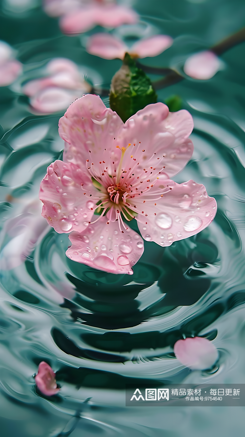 粉色桃花在浅绿色晶莹的水面上飘落素材