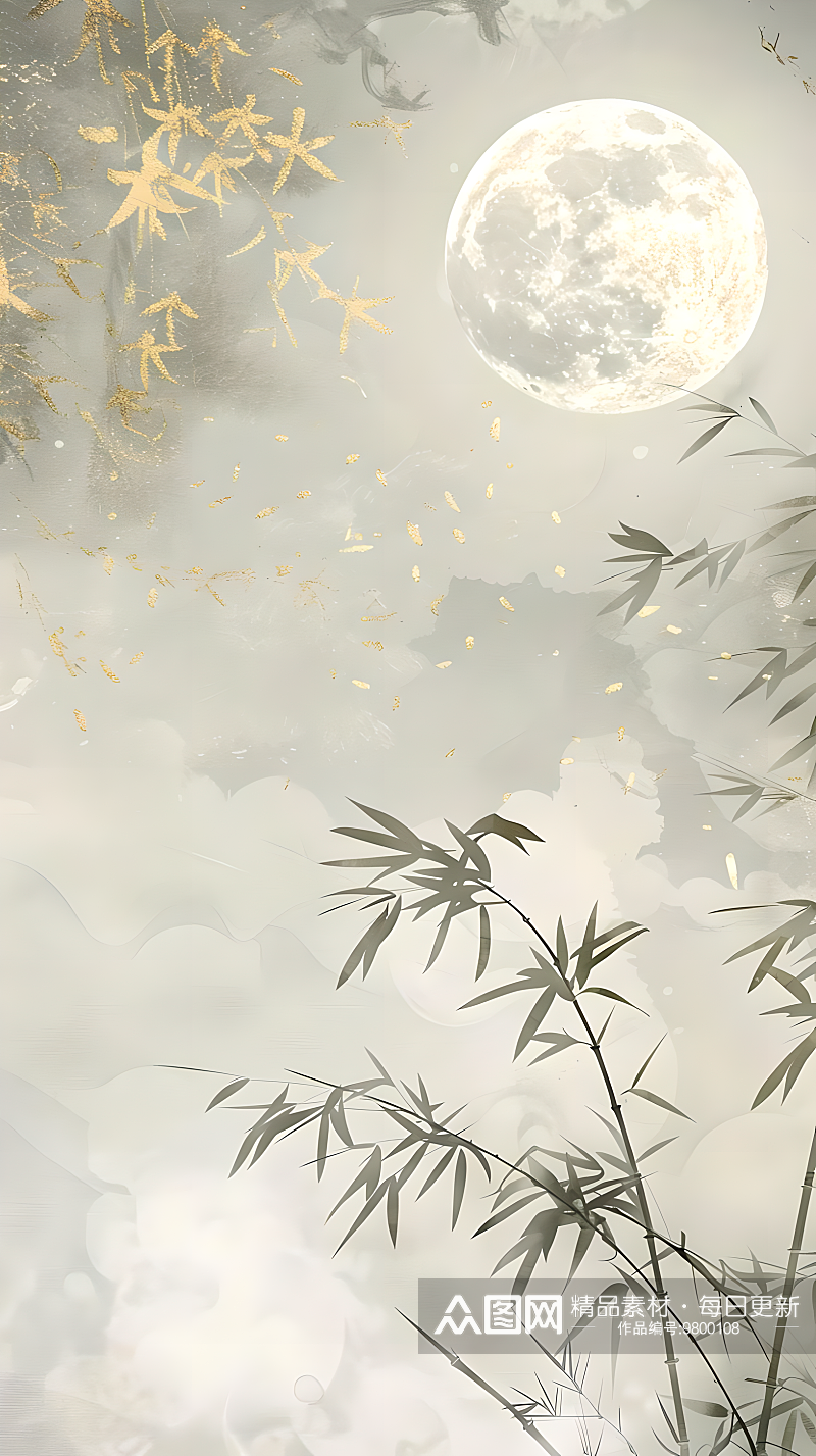 白色的空白雾面玻璃质感以月亮和竹林为主题素材