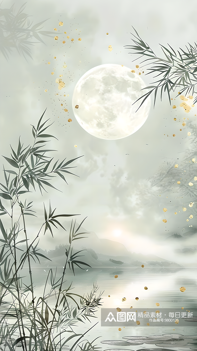 白色的空白雾面玻璃质感以月亮和竹林为主题素材