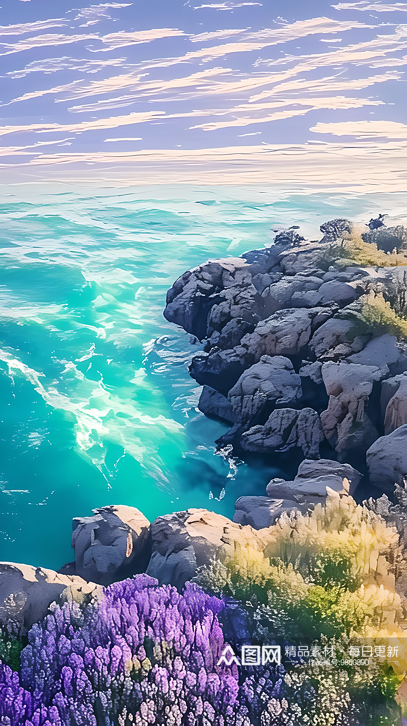 平静的蓝色海面和波涛汹涌的岩石海岸素材