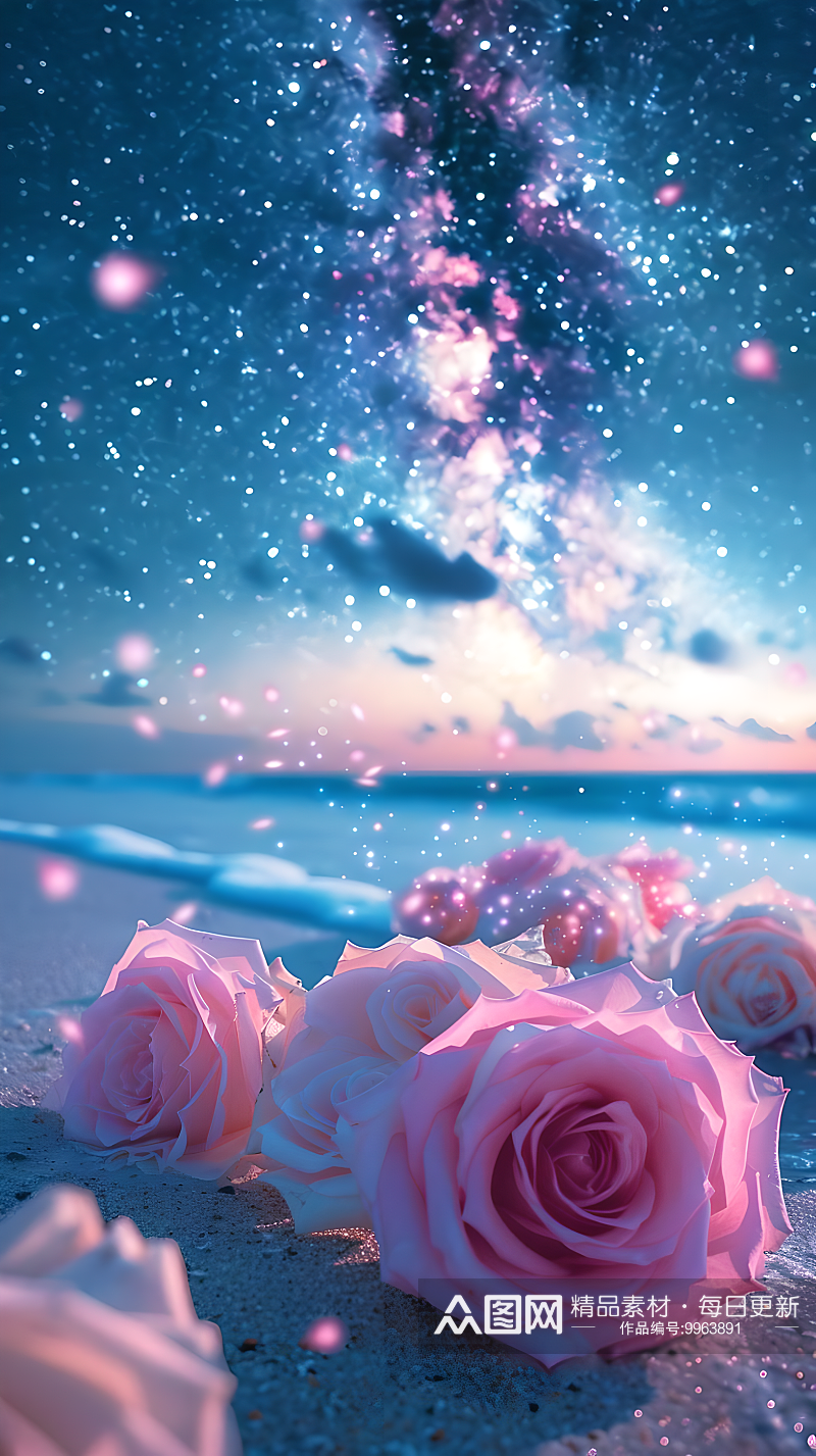 在马尔代夫的蓝色海洋中沙滩上散落着玫瑰素材