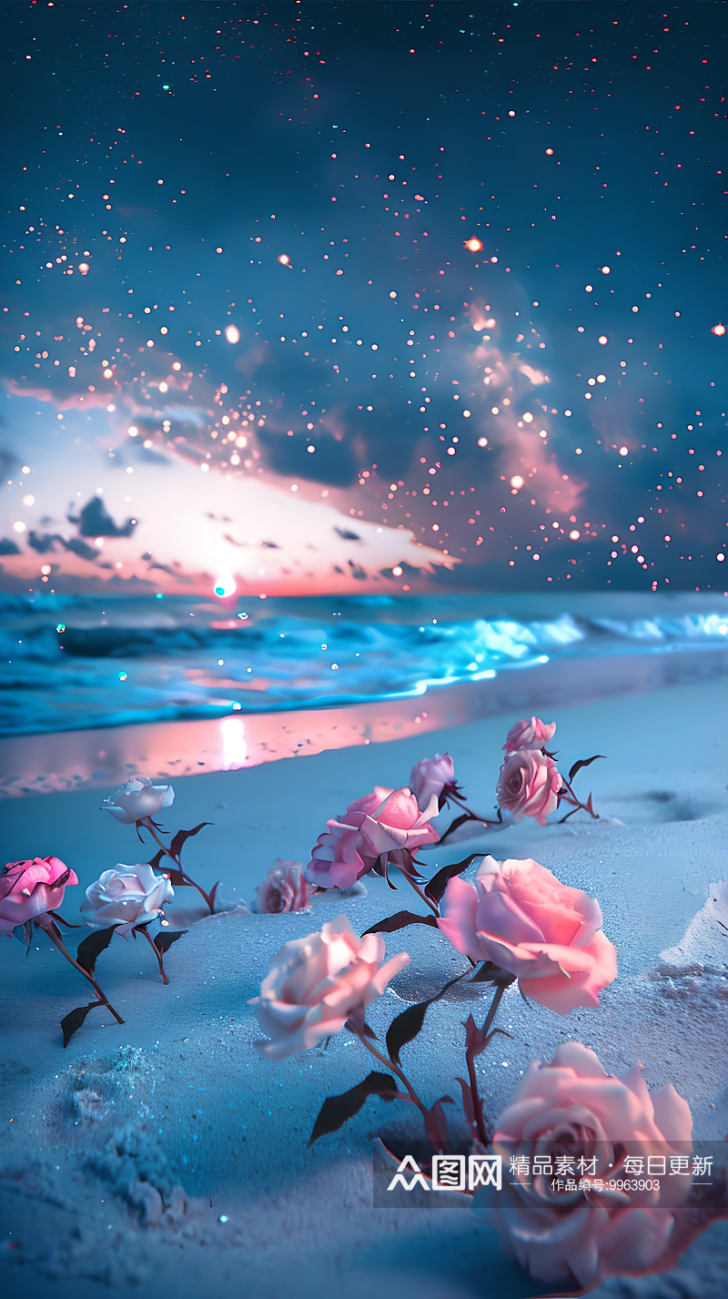 在马尔代夫的蓝色海洋中沙滩上散落着玫瑰素材