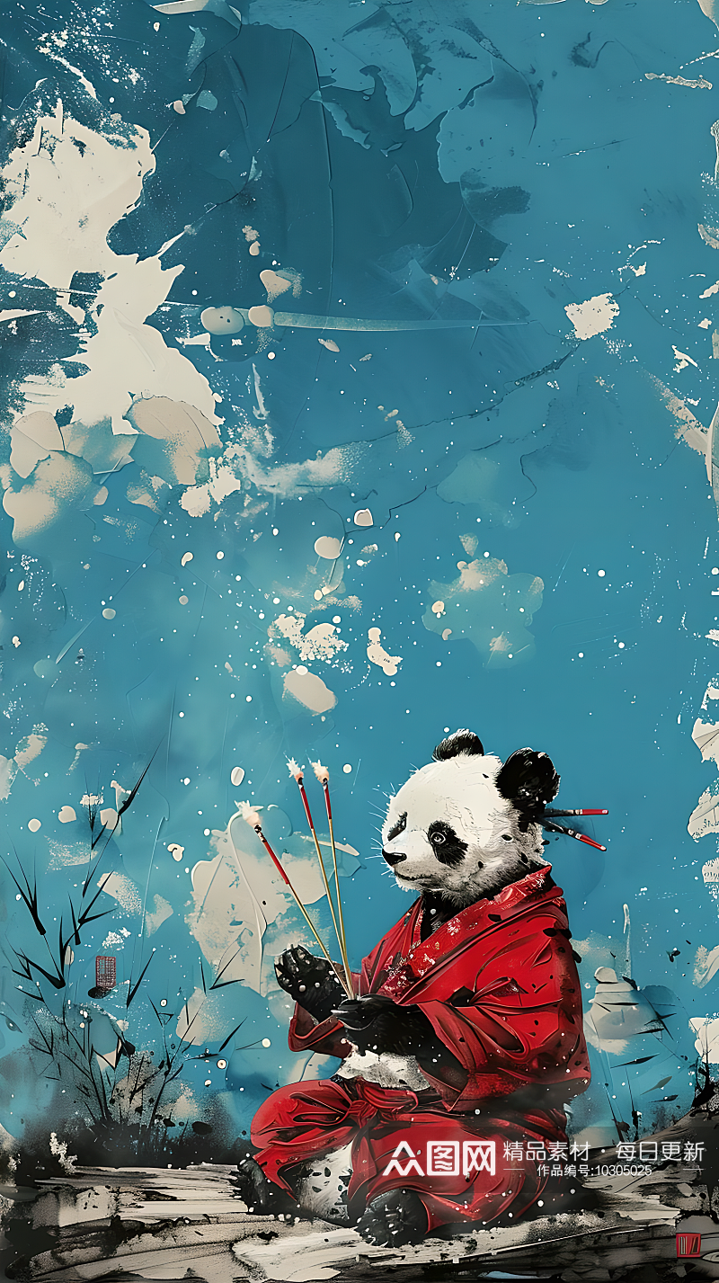 一只熊猫身穿红色衣服手持三支香素材