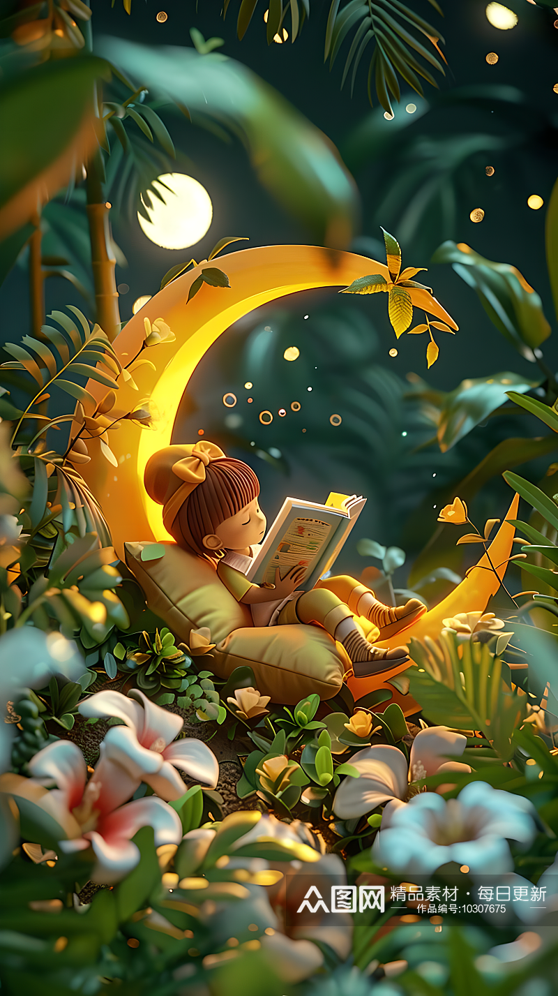 在月球上坐着的孩子们正在阅读书籍素材