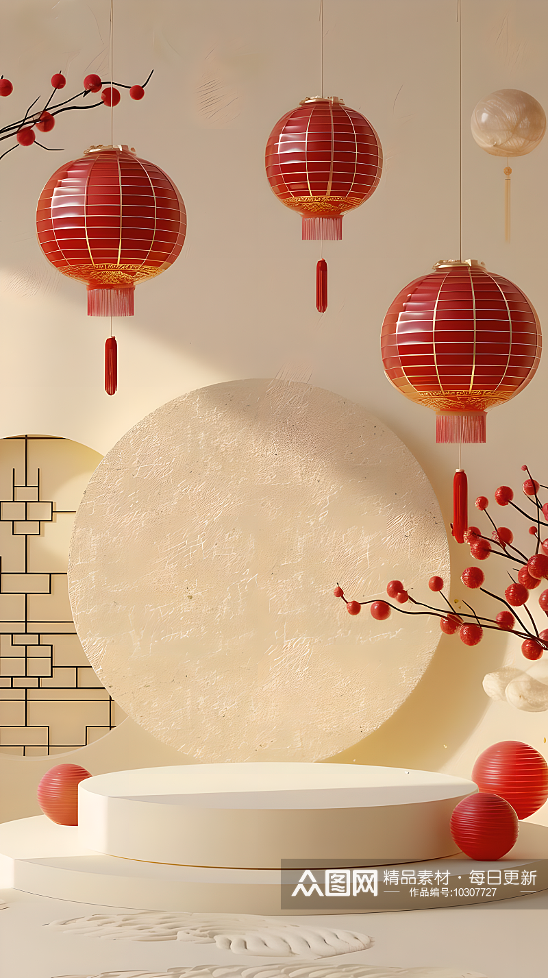 淡黄色背景上圆形讲台装饰着中国新年元素素材