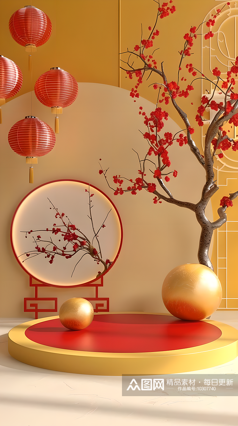 淡黄色背景上圆形讲台装饰中国新年元素素材