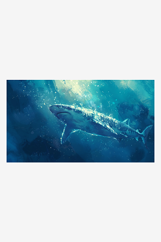在宽广的深蓝海洋中一只巨大而强壮的鲨鱼