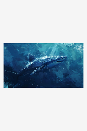 在宽广的深蓝海洋中一只巨大而强壮的鲨鱼