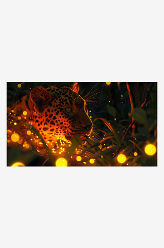一只豹子在暖黄色的灯光下