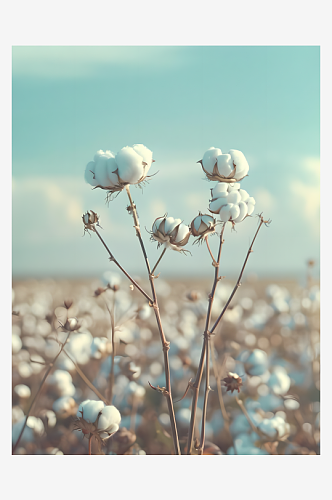 天蓝和白相间田野中的两株棉花植物