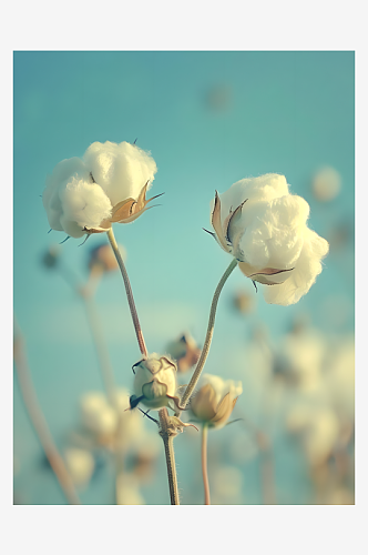 天蓝和白相间田野中的两株棉花植物