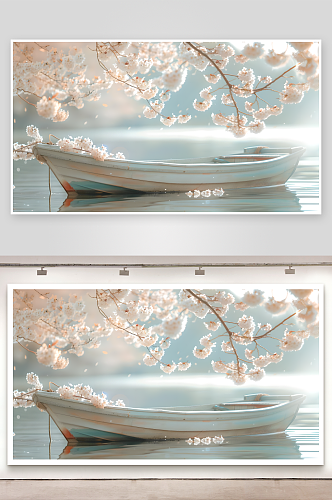一艘船漂浮在水面上周围盛开着美丽的樱花