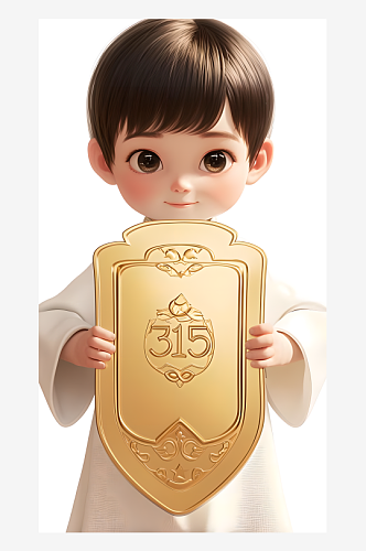 中国风法官卡通男孩手持金色盾牌保护