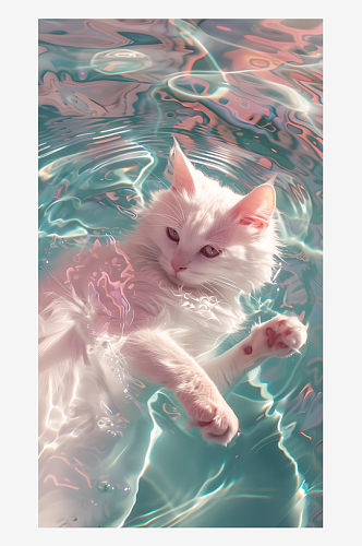 屏保壁纸水中漂浮着一只白色猫