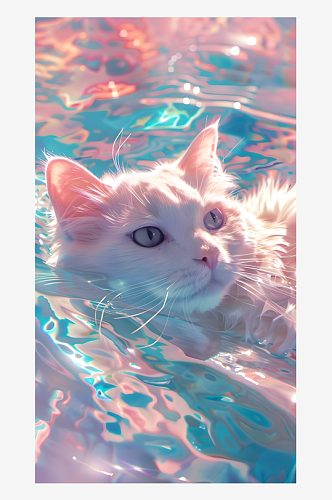 屏保壁纸水中漂浮着一只白色猫