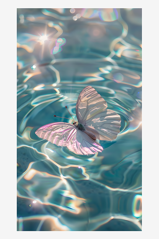 一个白色蝴蝶在蓝色水面上飘动