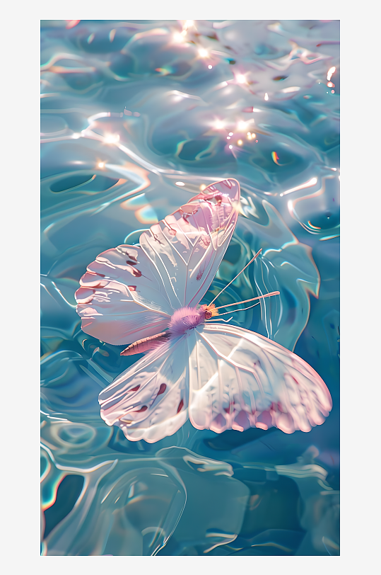 一个白色蝴蝶在蓝色水面上飘动