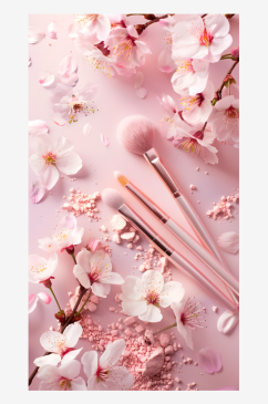 化妆工具和粉嫩的樱花背景图