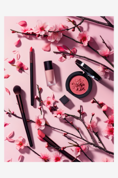 化妆工具和粉嫩的樱花背景图