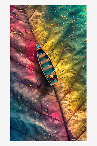 一名划船者漂浮在一片五彩缤纷的树叶上