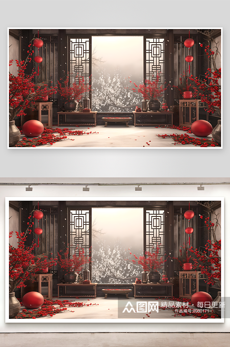 中国新年的红色主题为特色的产品展台3D素材