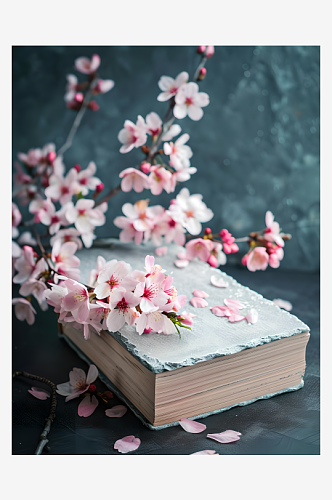 书和樱花摆放在平整的石头上