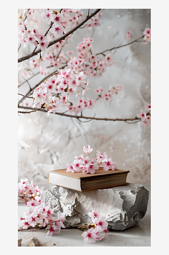 书和樱花摆放在石头上画面中央大面积留空